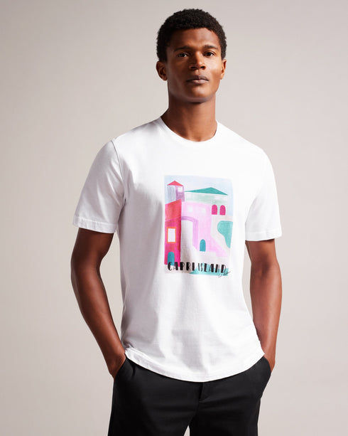 JOSEP-Tops-It's all in the details:The fabric of this product is made of 100% organic cotton. Organic cotton has a proven lower environmental impact than conventional cotton, as it reduces water usage, greenhouse gas emissions, and eliminates the use of harmful chemicals in the farming process. Short sleeve T-shirt Crew neck Capri island print 100% cotton Regular fit O'Shea is 6'2.5" / 1.89m and wears White in a Ted size 3- Ted Baker Romania